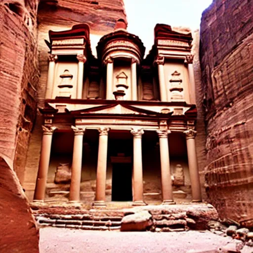 Image similar to the temple of petra with the pillars carved as anime characters