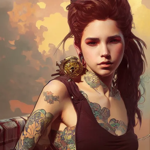 Image similar to highly detailed portrait of a punk young lady by by Artgerm,Greg Rutkowski,Alphonse Mucha, 4k resolution