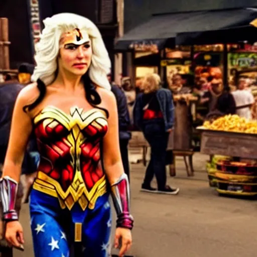 Prompt: Cinematic movie still of Flavortown Market, Wonder Woman cosplaying as Guy Fieri in Flavortown Market but it\'s actually Guy Fieri that\'s cosplaying as Gal Godot