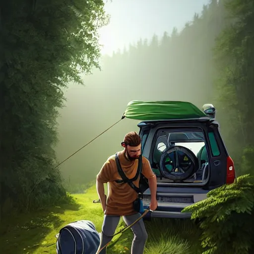 Image similar to etienne hebinger ilustration hiker unloading the car before camping, characterized by roman shipunov, cgsociety, cynical realism, fantasy art, 2 d game art