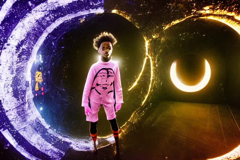 Prompt: boy emerging from a space portal in cyberspace, in 1 7 6 7, cutecore clowncore, bathed in the the glow, alien castle in background, low - light photograph, in style of tyler mitchell