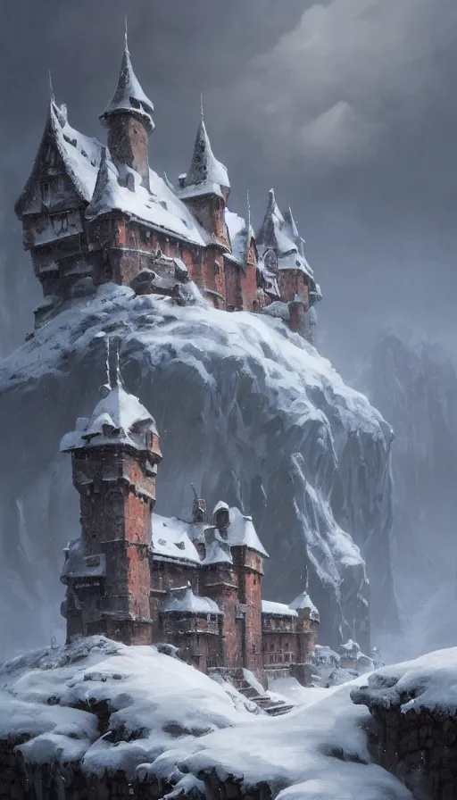 Image similar to a painting of a castle in the middle of a snowy mountain, a detailed matte painting by andreas rocha and greg rutkowski, featured on artstation, fantasy art, matte drawing, matte painting, artstation hq