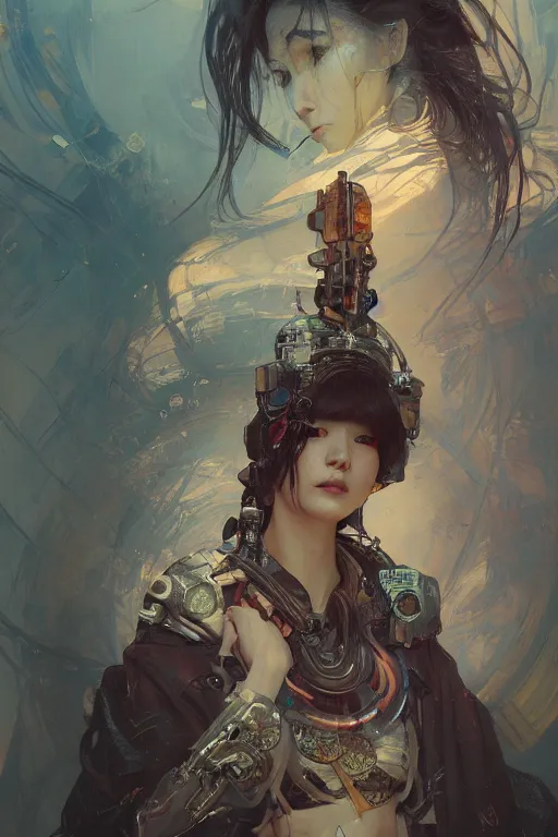 Image similar to A full portrait of a powerful beautiful futuristic dystopian junktown Japanese techromancer sorcerer enchanter, intricate, elegant, highly detailed, digital painting, artstation, concept art, smooth, sharp focus, illustration, art by Krenz Cushart and Artem Demura and alphonse mucha