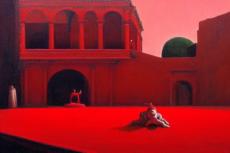 Image similar to only with red, a red great emperor, taormina amphitheatre, crowd with big smile, in the style of beksinski, parts by edward hopper, parts by rodcenko, parts by yue minjun, intricate and epic composition, red by caravaggio, insanely quality, highly detailed, masterpiece, red light, artstation, 4 k