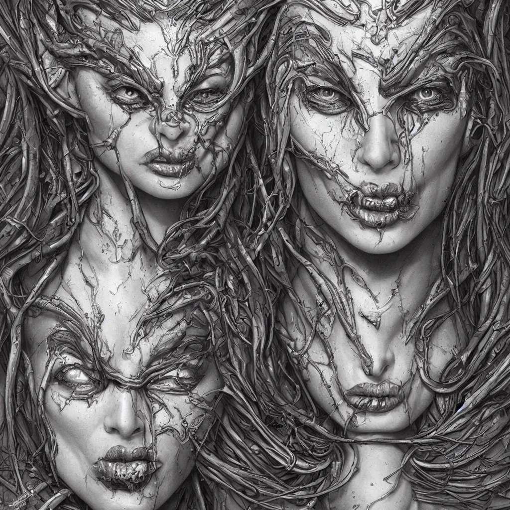 Image similar to terrifying bust portrait of a beautiful exotic alien queen by travis charest and chris achilleos, an intricate, elegant, highly detailed digital painting, concept art, smooth, sharp focus, mixed media illustrationhyperrealism, extremely hyperdetailed