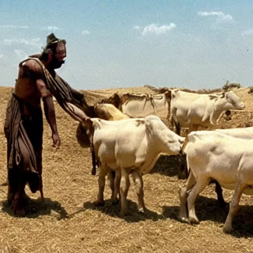 Image similar to cinematic still of farmer in ancient canaanite clothing working with oxen in the field, directed by steven spielberg