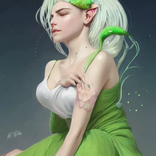 Image similar to ultra realistic illustration, dream girl with white hair, with light green eyes, with cat ears, in a sundress, intricate, elegant, highly detailed, digital painting, artstation, concept art, smooth, sharp focus, illustration, art by artgerm and greg rutkowski and alphonse mucha