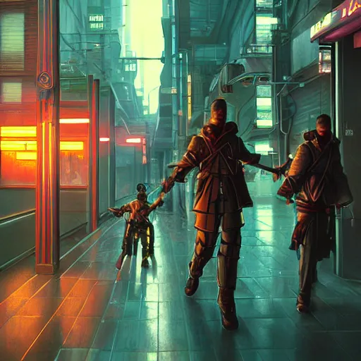 Image similar to An android wielding two katanas in a cyberpunk setting by Evgeny Lushpin, Trending on Artstation, 1980s computer graphics,