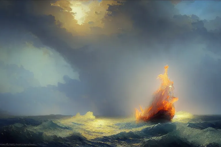 Prompt: Magical Maelstrom of fire and ice in the sea, destroying boats, islands, painting by Ivan Aivazovsky and Greg Rutkowski, artstation, fantasy, intricate, beautiful, cinematic, octane render, arnold render, 8k, hyper realism, detailed, sharp focus, 4k uhd, masterpiece, award winning