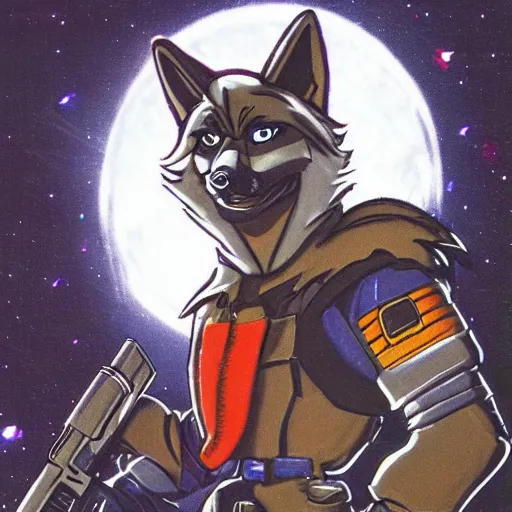 Image similar to 1 9 8 0 s video game art of anthropomorphic wolf o'donnell from starfox fursona furry wolf in a dark space mercenary uniform, looking heroic, magazine scan, 8 0 s game box art, dark grey wolf o'donnell