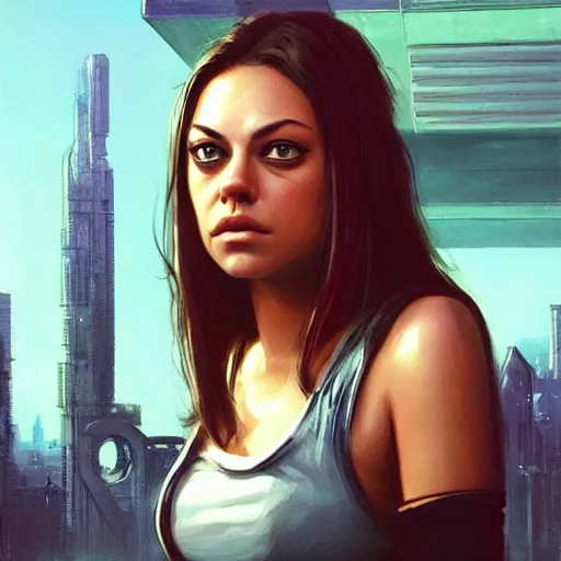 Prompt: portrait of a young mila kunis in front of a cyberpunk city, dramatic light, city background, sunset, high contrast, sharp, painted by stanley lau, painted by greg rutkowski, painted by stanley artgerm, digital art, trending on artstation