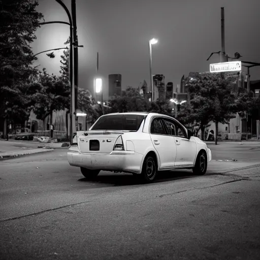 Image similar to deathclaw behind the wheel, subaru, street lighting, downtown environment, wide lens, 2 4 mm, street lamps