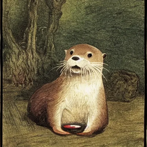 Image similar to an otter child holds a chestnut in its paws, Beatrix Potter,