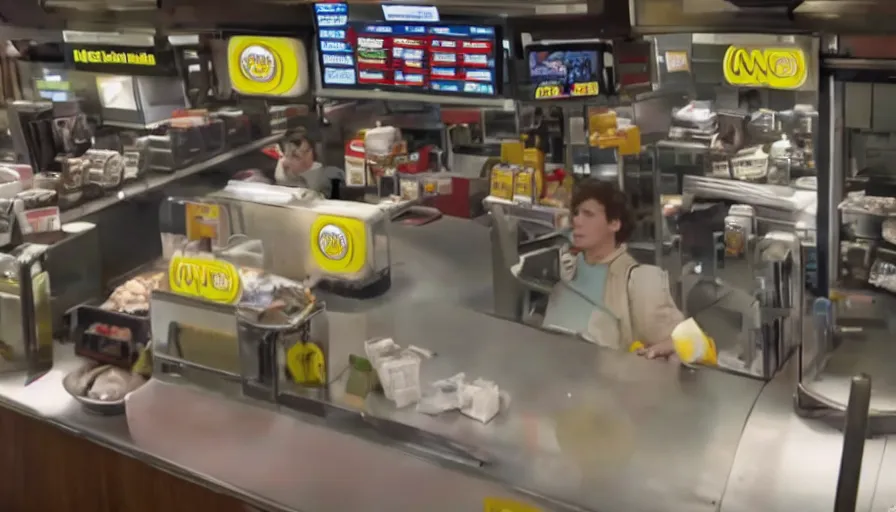 Prompt: film still of frodo working at mcdonalds in the new batman movie, cnn news footage taken from above.