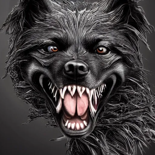 Image similar to venom dog version, ultra realistic, highly detailed, photorealism, scary, intricate detail, high res, textures, extremes, dark, twisted, black, wiry, superhero, antihero, powerful, teeth, licking tongue, dog, hair, german shepard trending on artstation