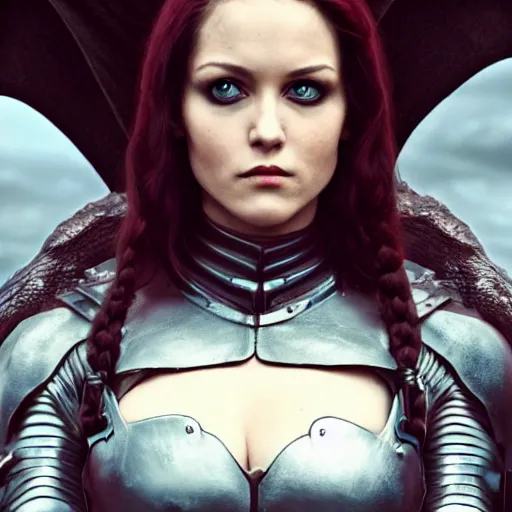 Image similar to a beautiful unexperienced female rogue in a light leather armor who only came to see a dragon, symmetrical, cinematic, real photography