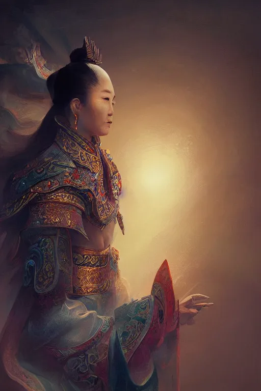 Image similar to chinese god, portrait, powerfull, intricate, elegant, volumetric lighting, scenery, digital painting, highly detailed, artstation, sharp focus, illustration, concept art, ruan jia, steve mccurry