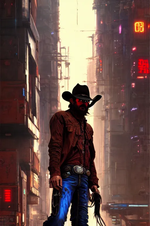 Image similar to a cowboy in a cyberpunk setting, western, cyberpunk, 8 k, by john william waterhouse and nasreddine dinet, oil on canvas, cinematic, hyper realism, high detail, dramatic lighting