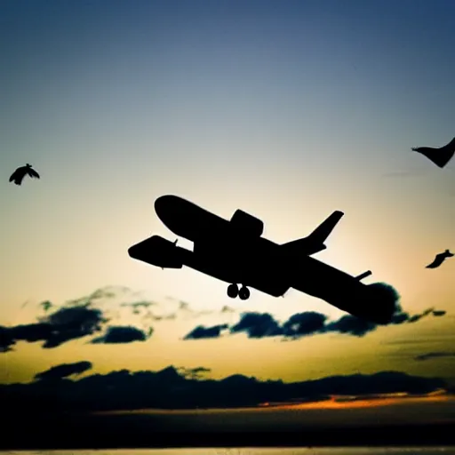 Prompt: a bird looking at a plane arriving, viewed from behind