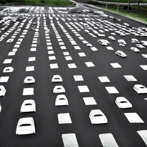 Prompt: Beatiful liminal Fuzzy Photograph of an infinite never-ending parking lot filled with cars, low angle