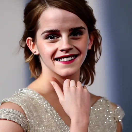 Image similar to A photo of laugh emma watson showing wedding ring on his finger. 50 mm. perfect ring. award winning photography