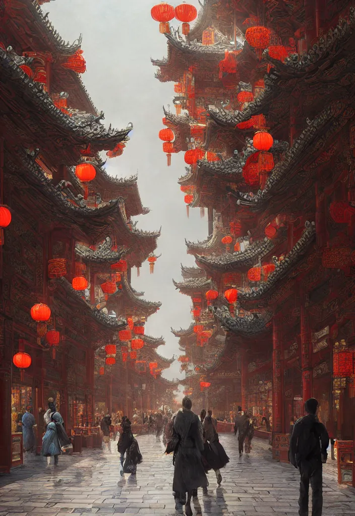 Image similar to epic scenery of a shopping street in the Chinese imperial city, intricate, elegant, volumetric lighting, digital painting, highly detailed, artstation, sharp focus, illustration, concept art, ruan jia, steve mccurry