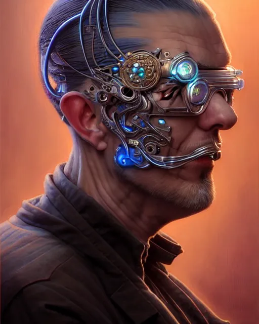 Image similar to front shot of a cyberpunk criminal mastermind character, intricate, elegant, highly detailed, centered, digital painting, artstation, concept art, smooth, sharp focus, illustration, artgerm, Tomasz Alen Kopera, Peter Mohrbacher, donato giancola, Joseph Christian Leyendecker, WLOP, Boris Vallejo, mugshot!!!!!, ugly!!!!!!