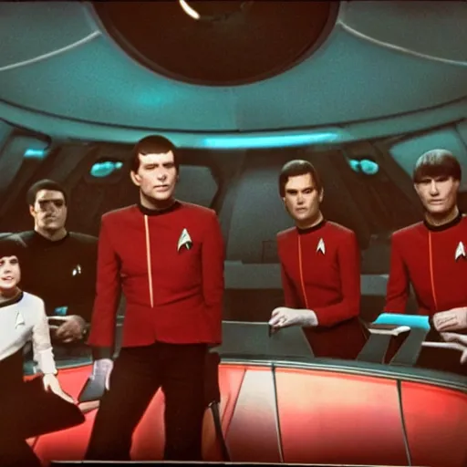 Prompt: the band queen sitting on the bridge of the enterprise in star trek, film still, 1 9 6 0 s, very colorful