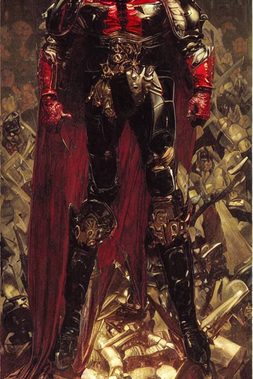 Prompt: full length portrait of massive hulking dorian yates as dark evil mutant batman wearing cape and armour with glowing red eyes by lawrence alma tadema awrence alma tadema, rick berry, norman rockwell, jason fabok. greg staples, nc wyeth