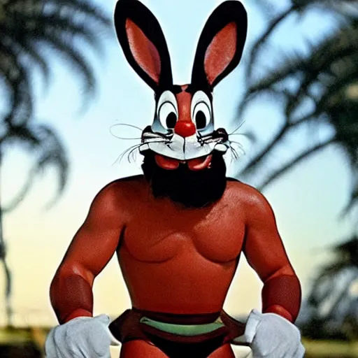 Image similar to Danny Trejo as Bugs Bunny from Looney Tunes, live action movie, set photo in costume, cosplay, photograph