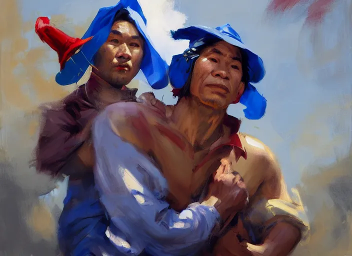 Image similar to greg manchess portrait of a filipino fighter wearing a jester hat victorious holding a man in a blue suit over his head, organic painting, sunny day, matte painting, bold shapes, hard edges, street art, trending on artstation, by huang guangjian, gil elvgren, ruan jia, randy vargas, greg rutkowski