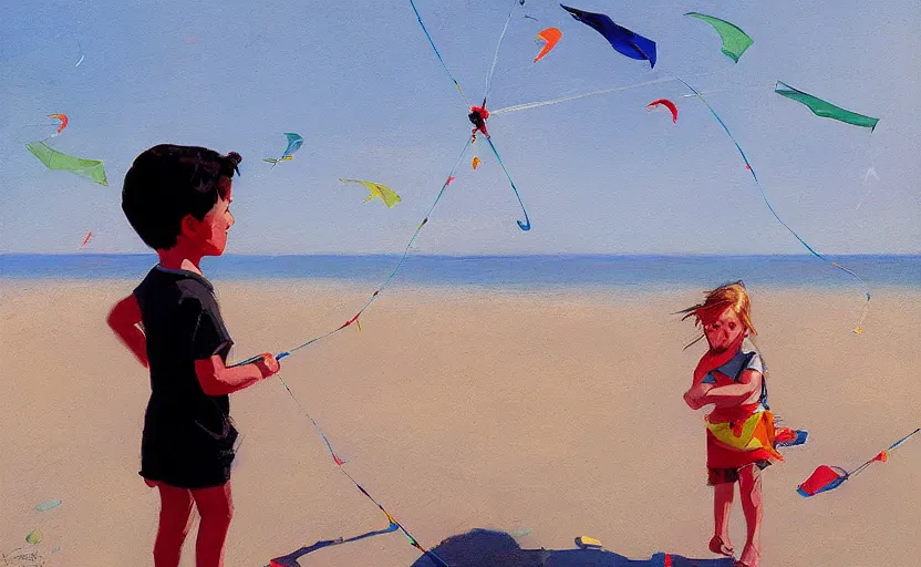 Prompt: child flying a kite at the beach by atey ghailan and garmash, michael