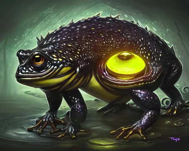 Image similar to black frog with deep big yellow eyes, deep focus, d & d, fantasy, intricate, elegant, highly detailed, digital painting, artstation, concept art, matte, sharp focus, illustration, hearthstone, art by tiger tiger tiger