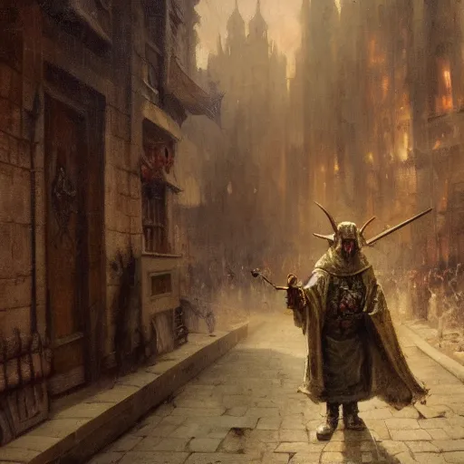 Prompt: a demonic old man stands in the middle of a medieval street and turns into something terrible, close - up, painting by gaston bussiere, craig mullins, j. c. leyendecker, 4 k, 8 k, trending on artstation, artstationhd, artstationhq, highest detail