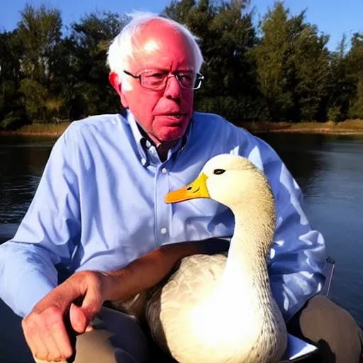 Image similar to Bernie Sanders holding a Goose