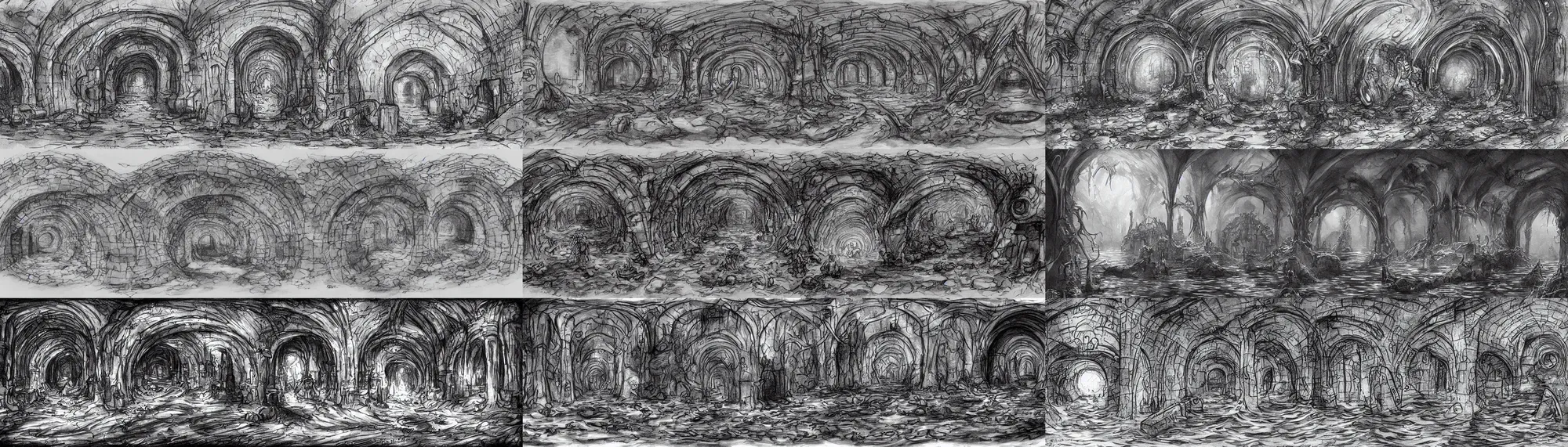 Prompt: intersection of flooded sewer tunnels. fantasy art, underground, stream, musty, damp, sewage, darkness, water fall, underground, catacombs, abandoned spaces, torchlight. sketch art earthdawn campaign setting. myth drannor. parlainth.