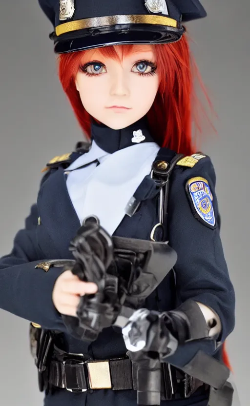 Prompt: dollfie in police uniform, red hair, blue eyes,