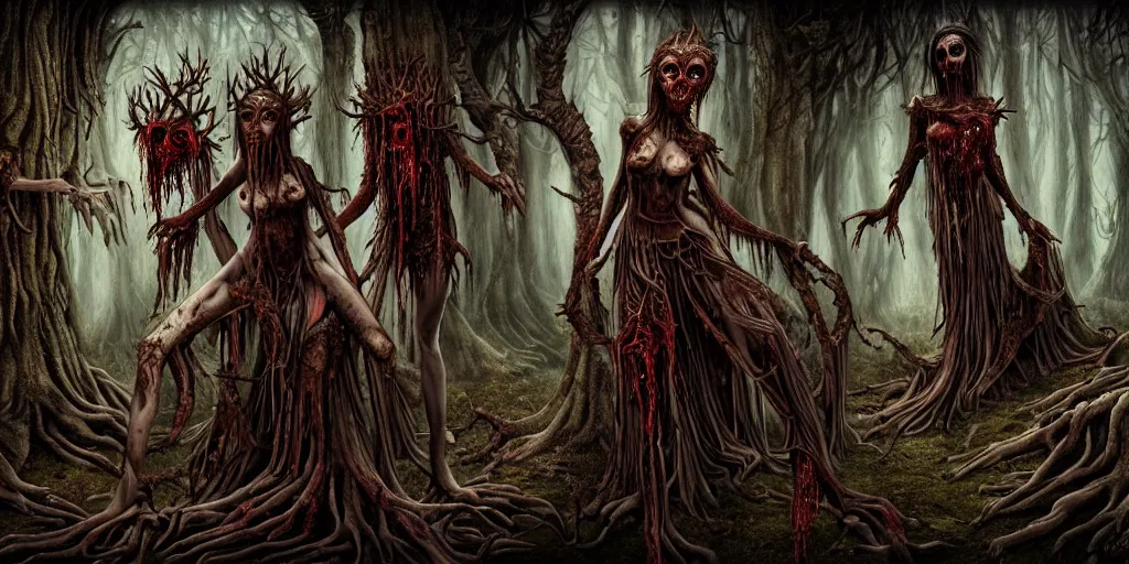 Image similar to dryads, bark skin, detailed fantasy art, contrast terror blood horror, forest of the dead, foul spirits, wallpaper