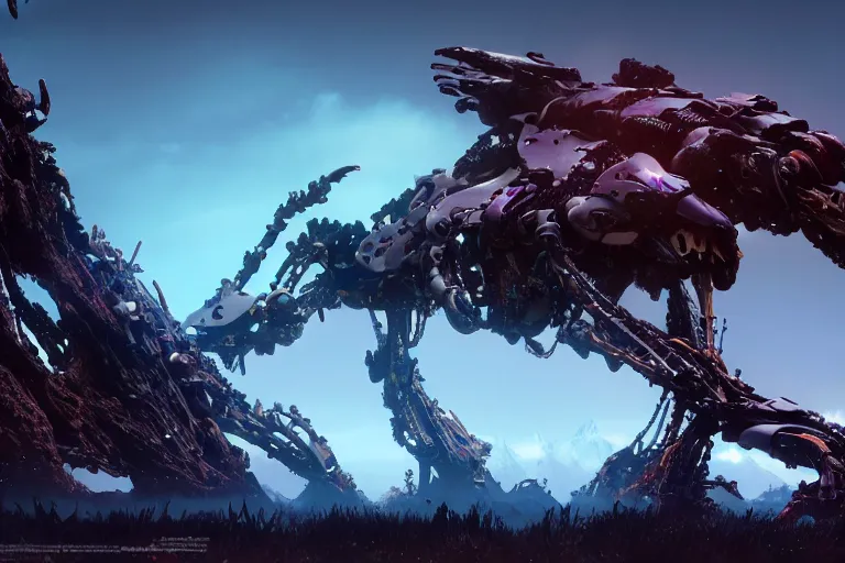 Prompt: wide epic shot. a hyper detailed bristleback evangelion realistic mechanical and organic creature similar look as horizon forbidden west horizon zero dawn, bioluminiscence in a dark deep forest at dawn in spring, with reflection and textures, by kilian eng, substance painter reaslitic mech surface metal painted scratches, world env from horizon forbidden west horizon zero dawn