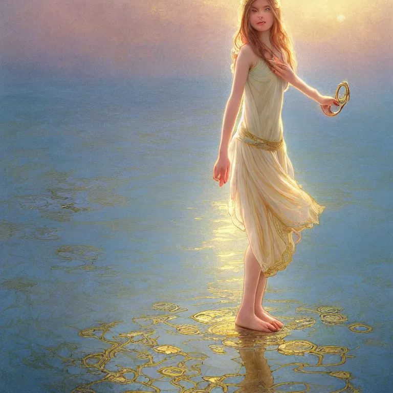 Image similar to highly detailed portrait of a barefoot white skirt girl stand on the water, water surface reflection, the calm sea level, gold filigree, romantic storybook fantasy, soft cinematic lighting, award, disney concept art watercolor illustration by mandy jurgens and alphonse mucha and alena aenami, pastel color palette, featured on artstation