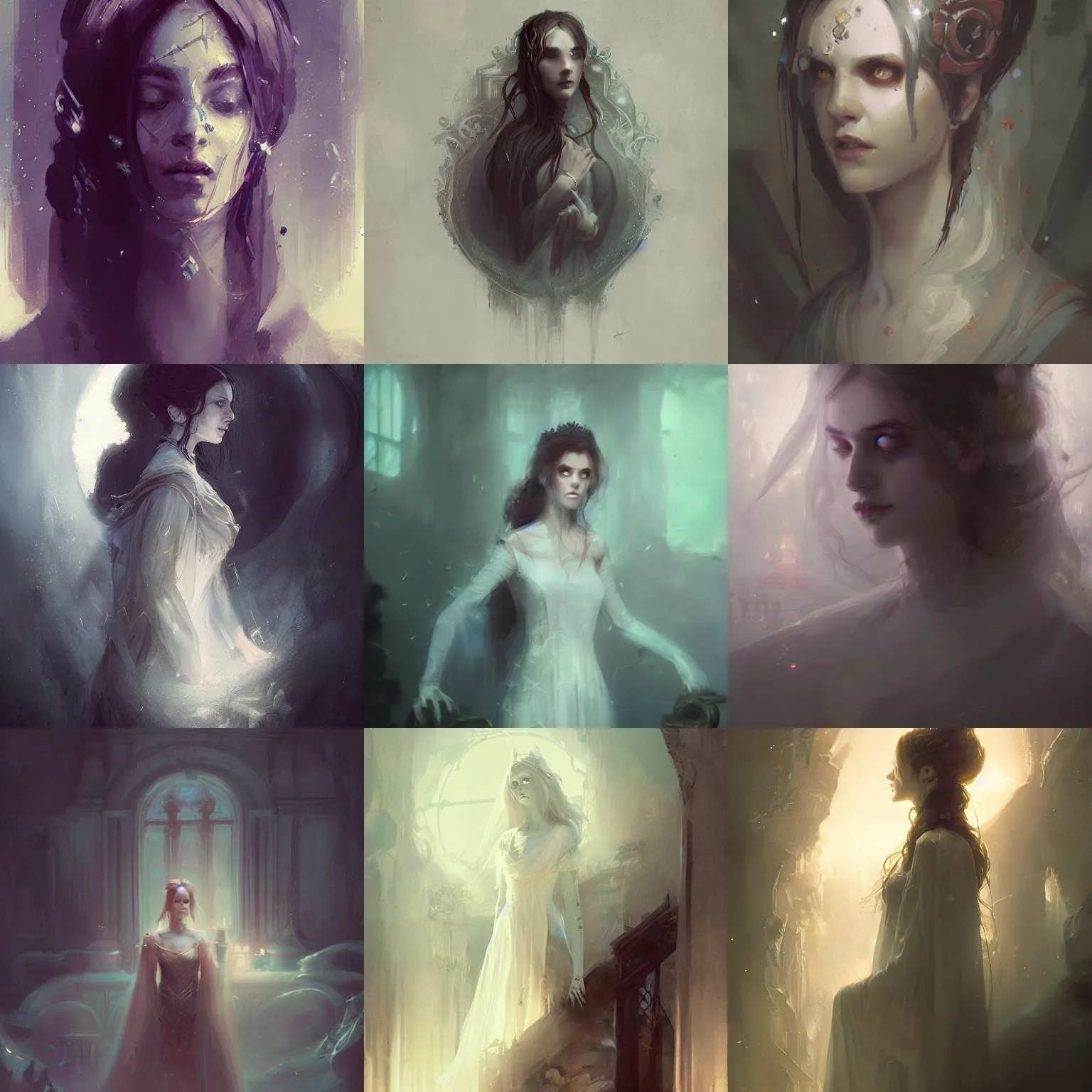 Prompt: Portrait of a beautiful ghost princess in a haunted mansion, by greg rutkowski, incredible quality, trending on artstation