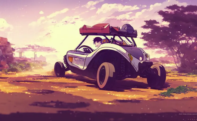 Prompt: a cute girl driving a kyosho buggy, clear summer sky background, dirt and luch landscape, illustration concept art anime key visual trending pixiv fanbox by wlop and greg rutkowski and makoto shinkai and studio ghibli and kyoto animation, rc car, off - road circuit, obstacles and jumps