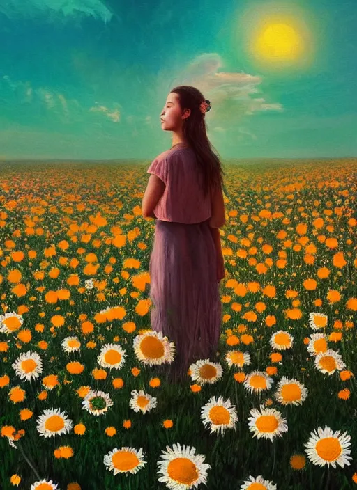 Prompt: portrait of a female face made of giant daisies, standing in a flower field, holding flowers, surreal photography, sunset dramatic light, impressionist painting, colorful clouds, large sky, digital painting, artstation, simon stalenhag