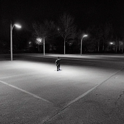 Prompt: liminal parking lot, shadow figure, at night, no cars