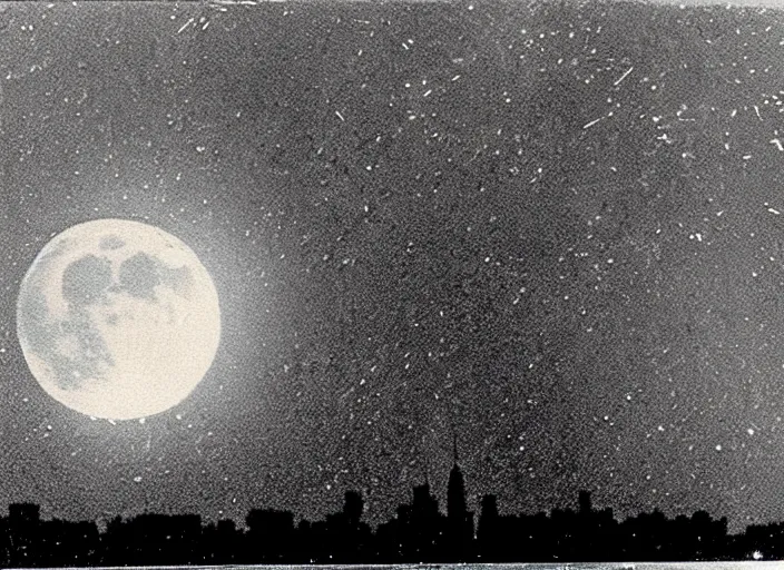 Image similar to vintage photo still of the moon!!!! exploding!!!! exploding moon moon explosion fragments on one side moon rupture moon exploding moon explosion over new york city in the 1 9 2 0 s, black and white, weathered, edge vignette, explosion in the sky, moon exploding