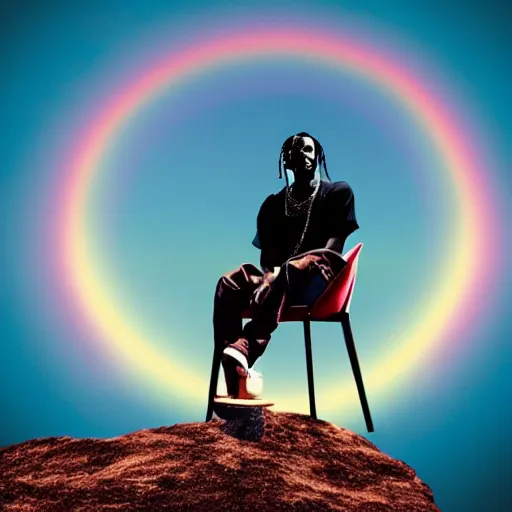 Prompt: Travis Scott sitting on a chair floating over Earth, 4k, Aubrey Powell, vintage photo, lens flare, beautiful cinematography, rainbow, surreal, film grain
