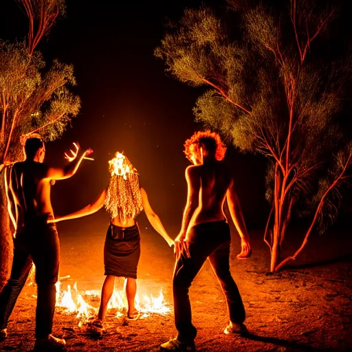 Image similar to photograph of three ravers, two men, one women, photographed from behind, talking around a fire, photorealistic, dancefloor kismet, diverse costumes, clean composition, desert transition area, bonfire, night, australian desert, xf iq 4, symmetry, sony a 7 r, 1 5 0 mp, 5 0 mm