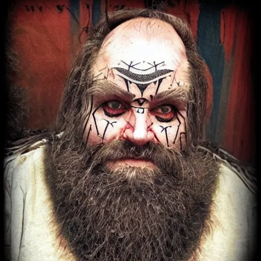 Prompt: old angry scarred whitebearded dwarf, wearing wolf pelt, runic geometry tattoos on face