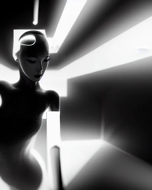 Image similar to black and white high quality photo of a female AI-queen-dragon-meshes-cyborg looking into a sci-fi mirror, volumetric lighting, brutalism, foggy, dreamy, hyperdetailed, bokeh, photorealistic, cinematic, masterpiece, elegant, dark, by Man Ray in the style of Horst P. Horst, octane render, 8K,