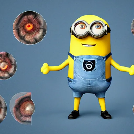 Image similar to A detailed biological anatomy of a minion, photorealistic, textbook, scientific